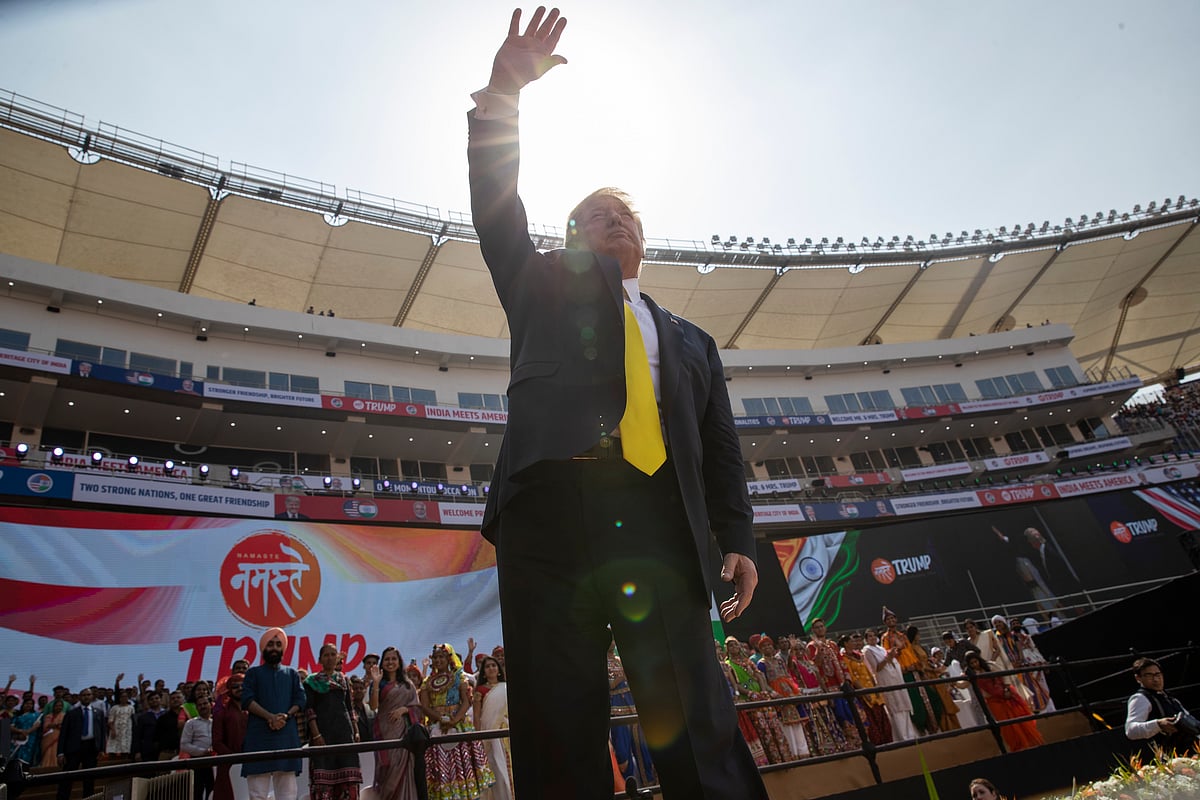 U.S. President Donald Trump waves as he departs after a "Namaste Trump," event at Sardar Patel Stadium, Monday, Feb. 24, 2020, in Ahmedabad, India. 
