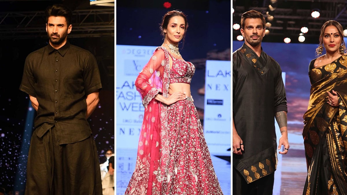 Aditya Roy Kapur, Malaika Arora, Bipasha Basu and Karan Singh Grover at Lakme Fashion Week.&nbsp;