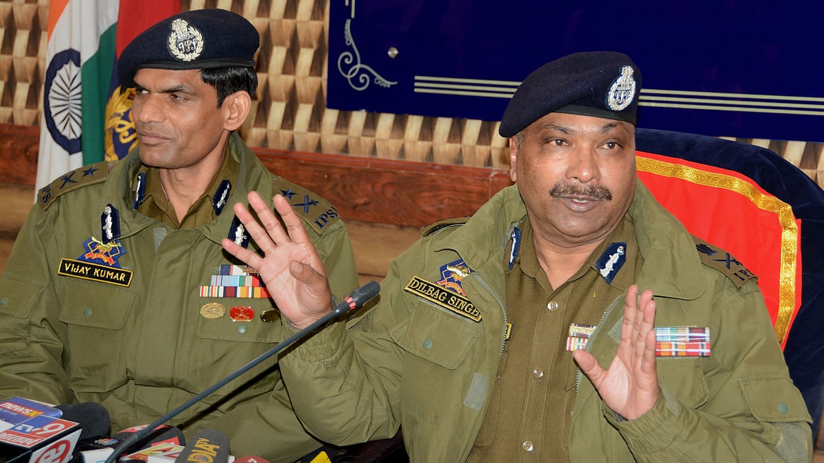 Director General of Jammu and Kashmir Police Dilbagh Singh and Inspector General of J&K Police Vijay Kumar address a press conference. 