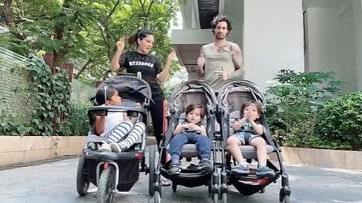 Sunny Leone and Daniel Weber entertain their kids. 