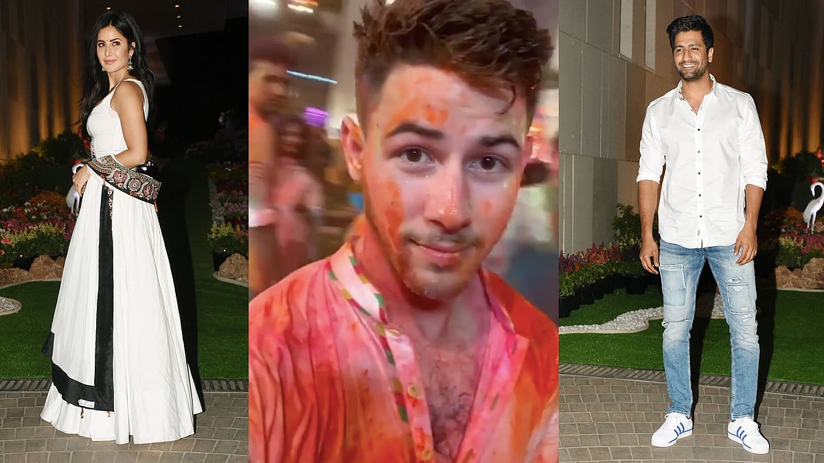 Katrina Kaif, Nick Jonas and Vicky Kaushal at the Ambani Holi party.