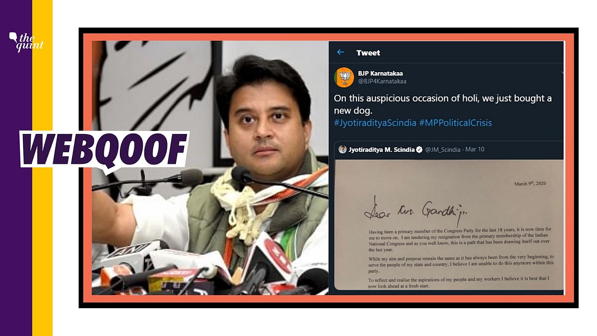 Retweeting Scindia’s resignation letter, the caption of the tweet read, “On this auspicious occasion of holi, we just bought a new dog.”