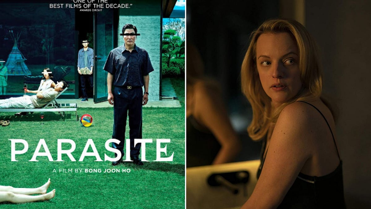 Poster of <i>Parasite</i>; a still from <i>The Invisible Man</i>.