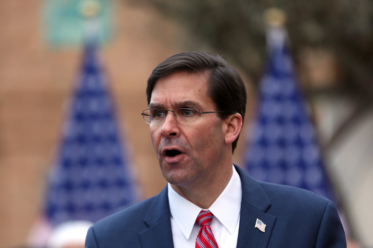 U.S. Secretary of Defense Mark Esper, speaks during a joint news conference in presidential palace in Kabul, Afghanistan, Saturday, 29 February.