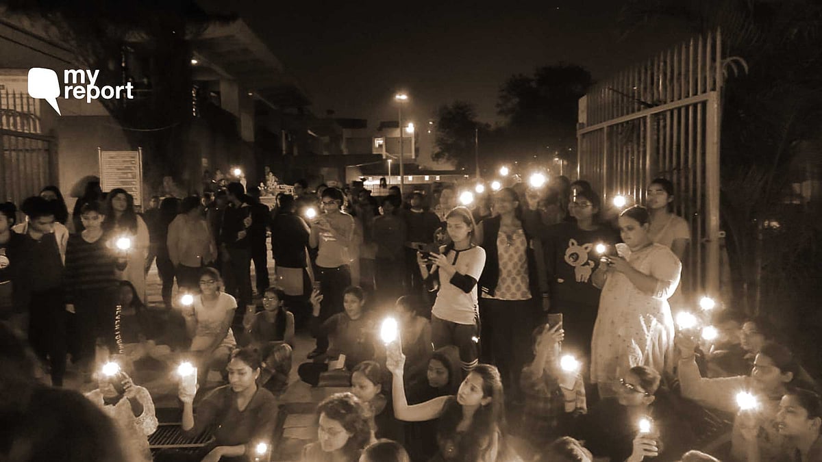 A protest organised by residents of Delhi University’s women hostels.