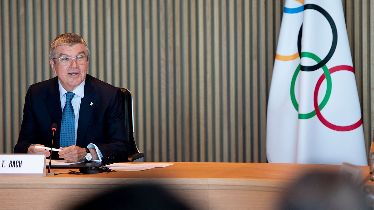 President Thomas Bach speaks at the International Olympic Committee (IOC) executive board meeting at the Olympic House in Lausanne, Switzerland.