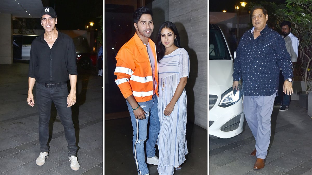 Varun, Sara, Akshay at <i>Coolie No.1 </i>wrap up party.&nbsp;