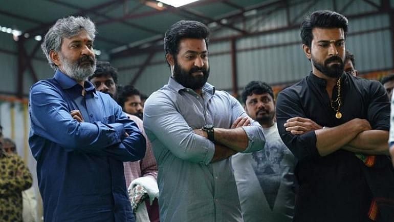 SS Rajamouli, Jr NTR and Ram Charan on the set of <i>RRR.</i>