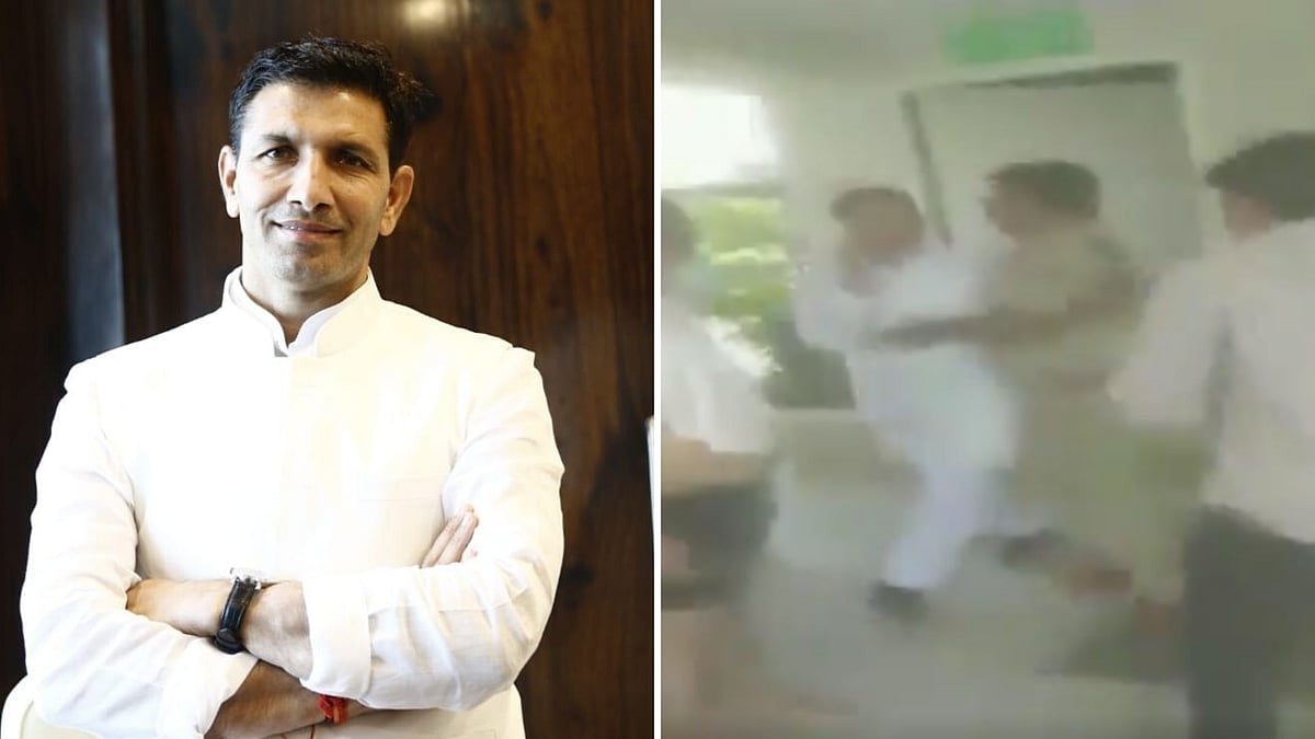 Scuffle broke out between Congress leader Jitu Patwari and a police personnel on Thursday, 12 March, while Patwari was trying to meet the Madhya Pradesh rebel MLAs at Embassy Boulevard in Bengaluru.