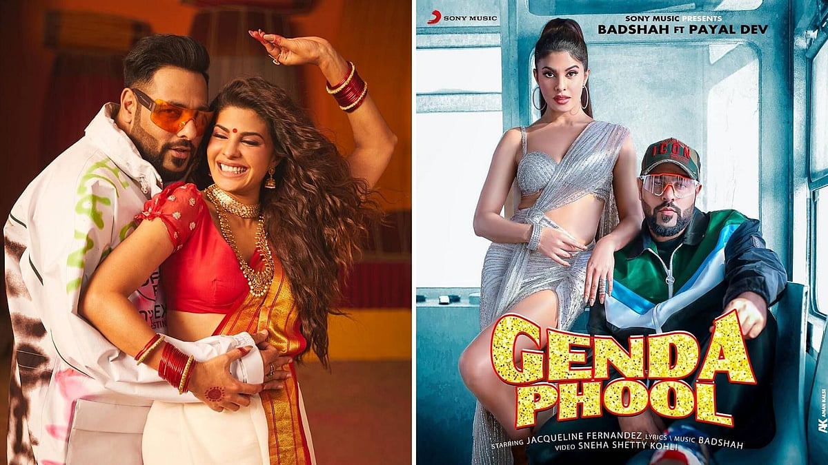 Jacqueline Fernandez and Badshah in a still and poster of their song, <i>Genda Phool</i>. 
