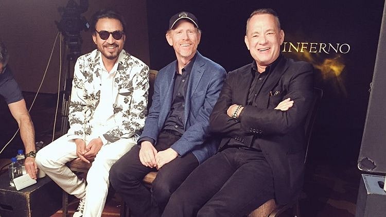 Irrfan Khan with Tom Hanks at a promotional event for <i>Inferno</i>.