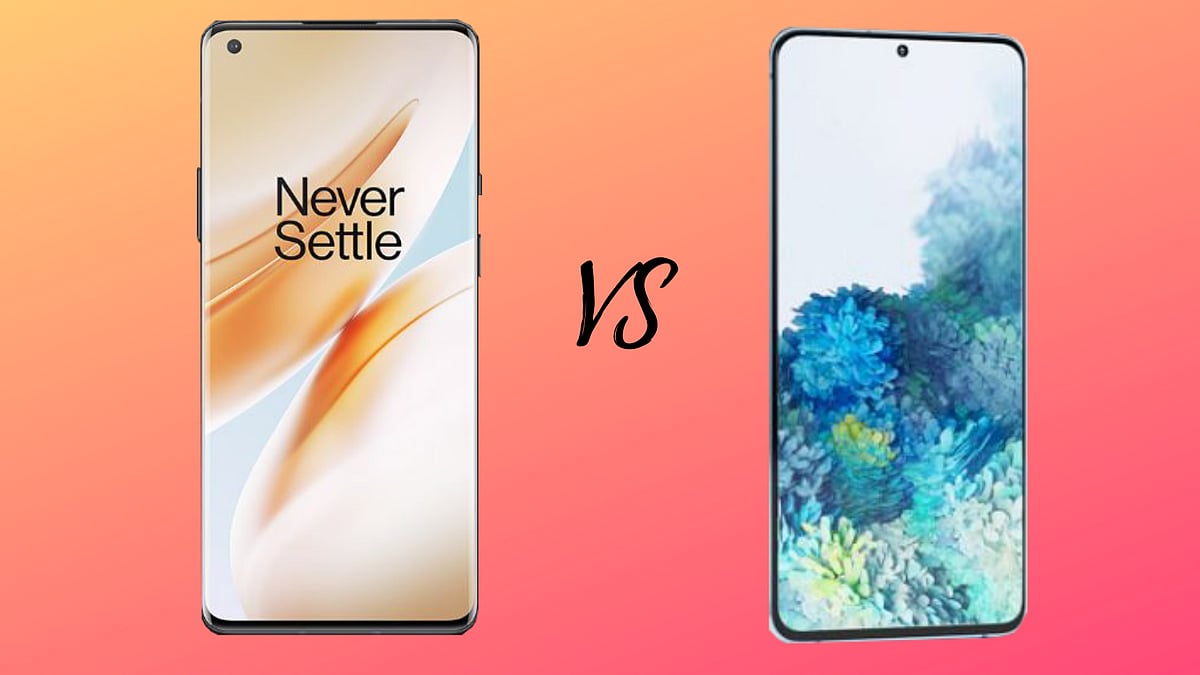 The OnePlus 8 Pro (left) in comparison to the Samsung Galaxy S20+ (right).