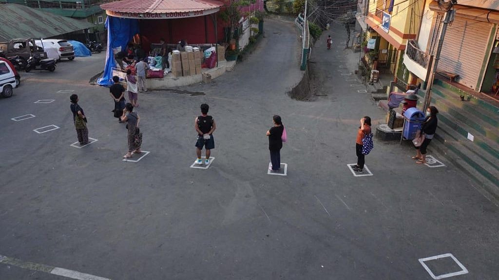 Measures taken to ensure physical distancing in Tuikhuahtlang locality, Mizoram.