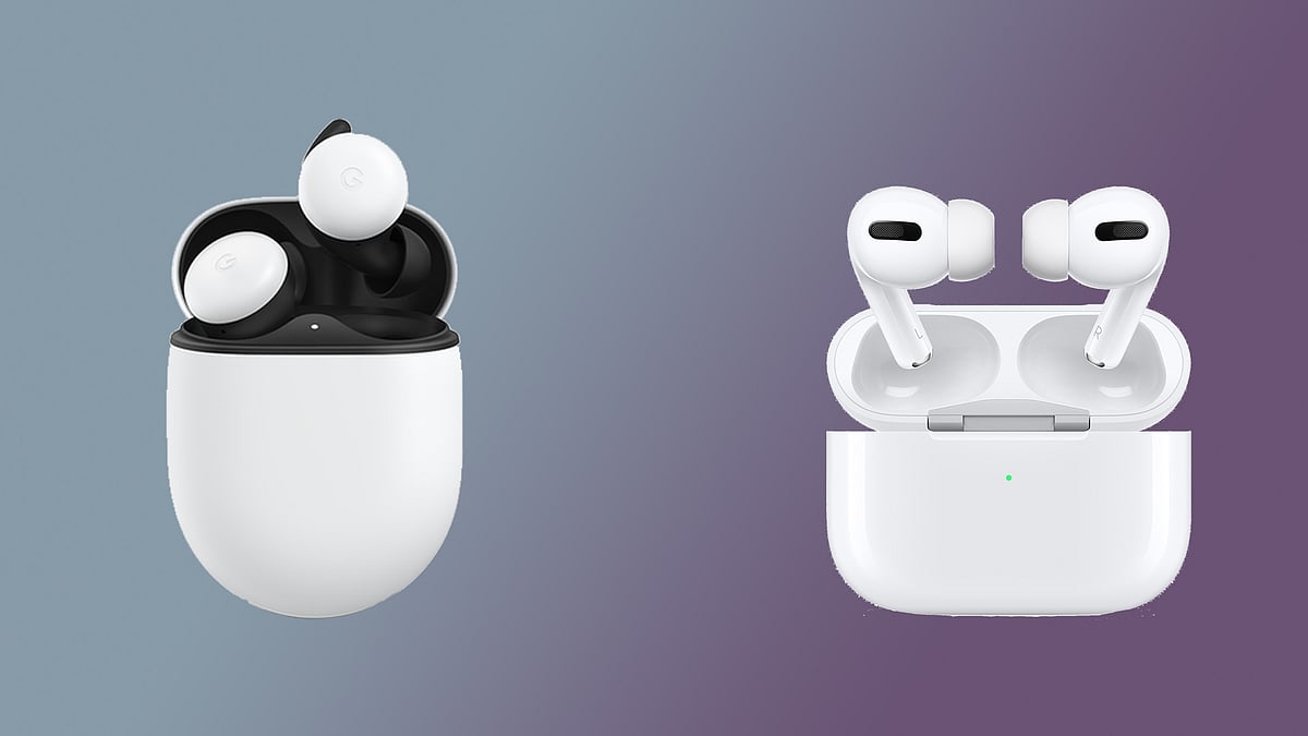 The Google Pixel Buds 2 (left) vs Apple Air Pods Pro (right).