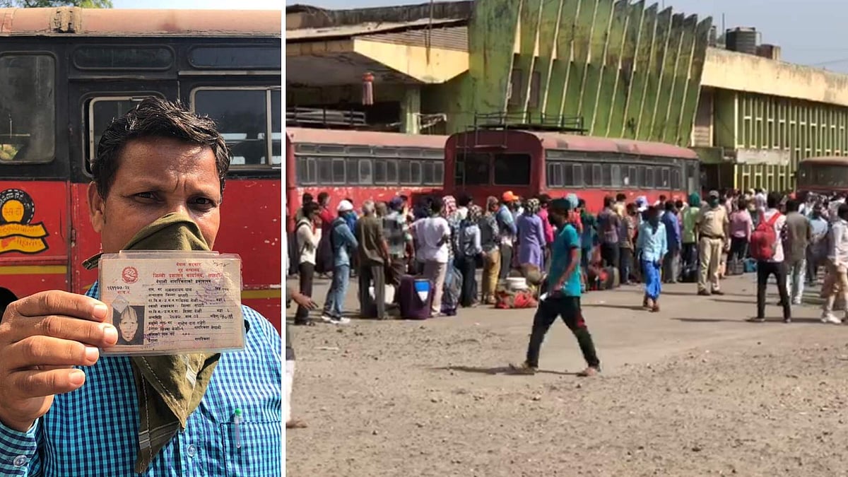A migrant labourer shows his ID card (Left) before heading towards the queue for registration forms.
