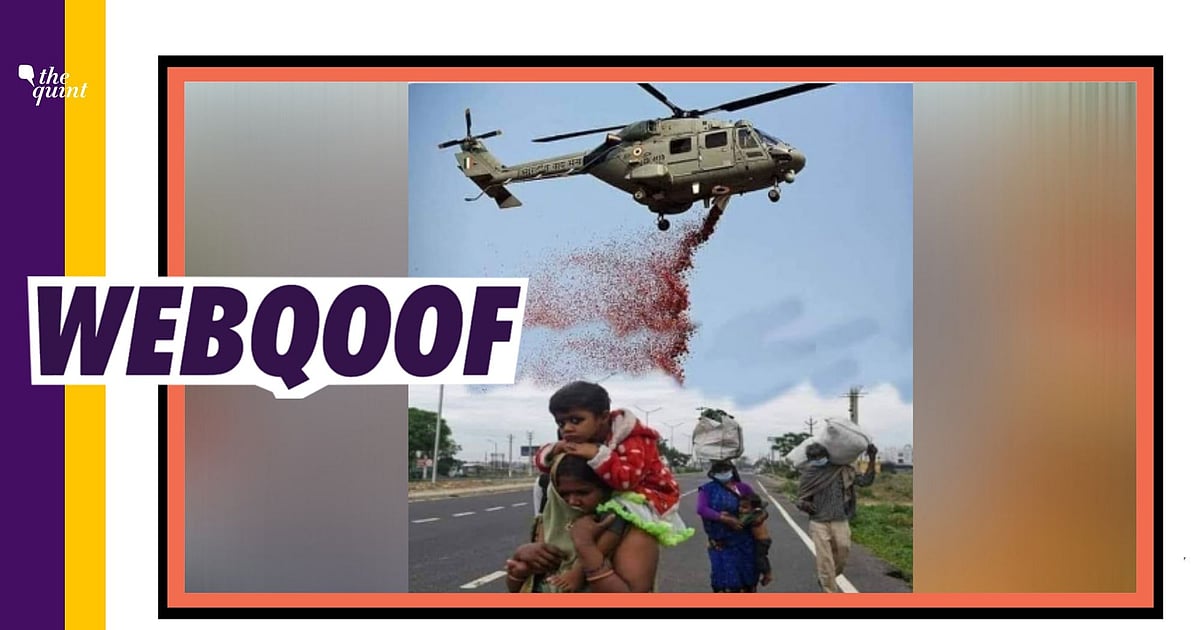 Image accompanying IAF helicopter showered flower petals on migrant workers