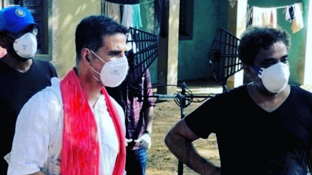 Akshay Kumar and R Balki on the sets of an ad film. 