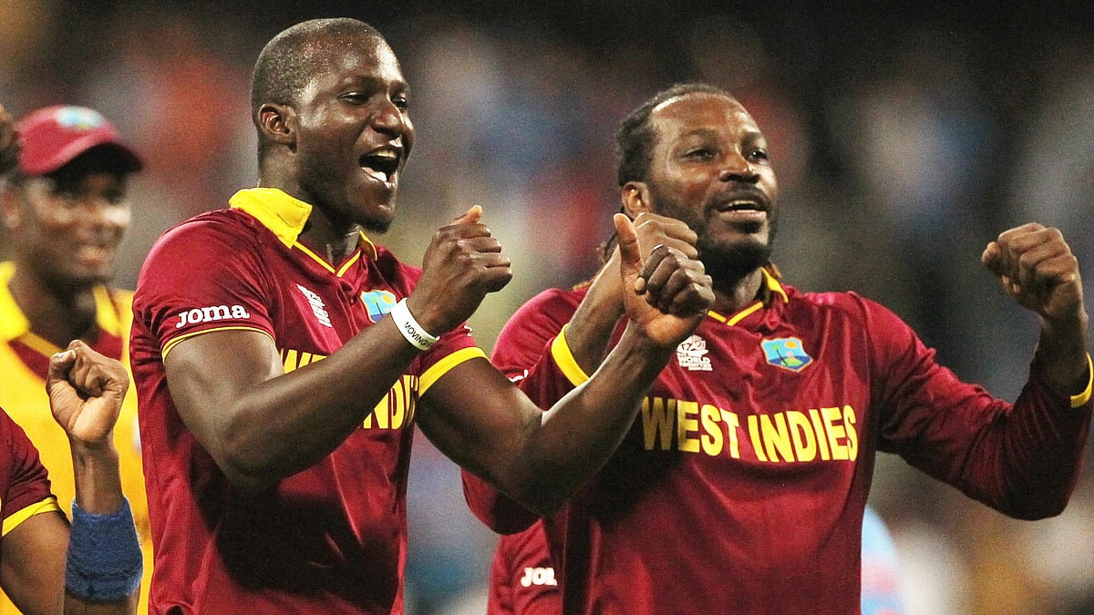 File picture of Daren Sammy and Chris Gayle celebrating a West Indian win.