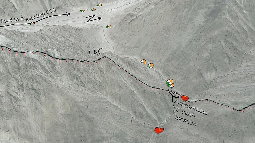 Galwan River Valley, oblique view of approximate location of clash relative to road to Indian military base.
