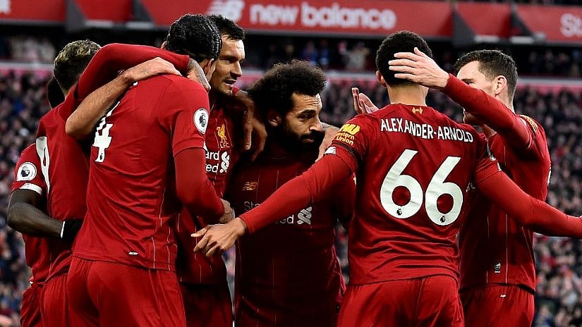File picture of Liverpool players celebrating a victory.