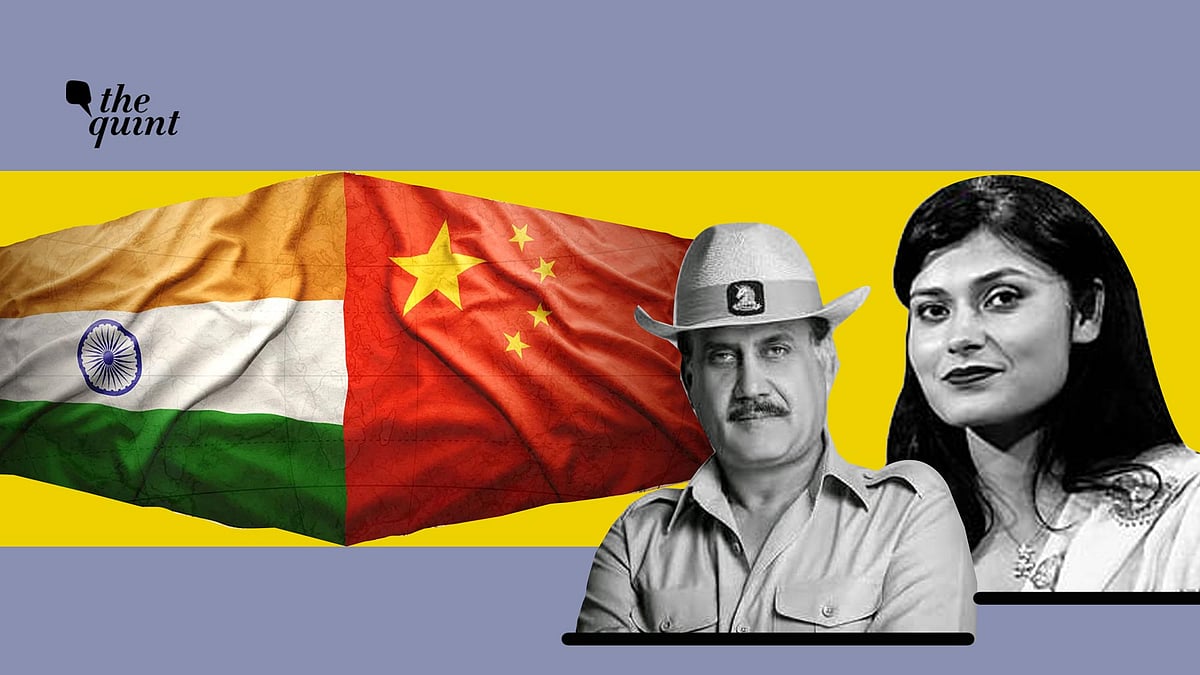 Image of Lt Gen (Retd) AK Singh (L) and Nishtha Gautam, Senior Editor, Opinions, The Quint, used for representational purposes, along side flags of India & China.
