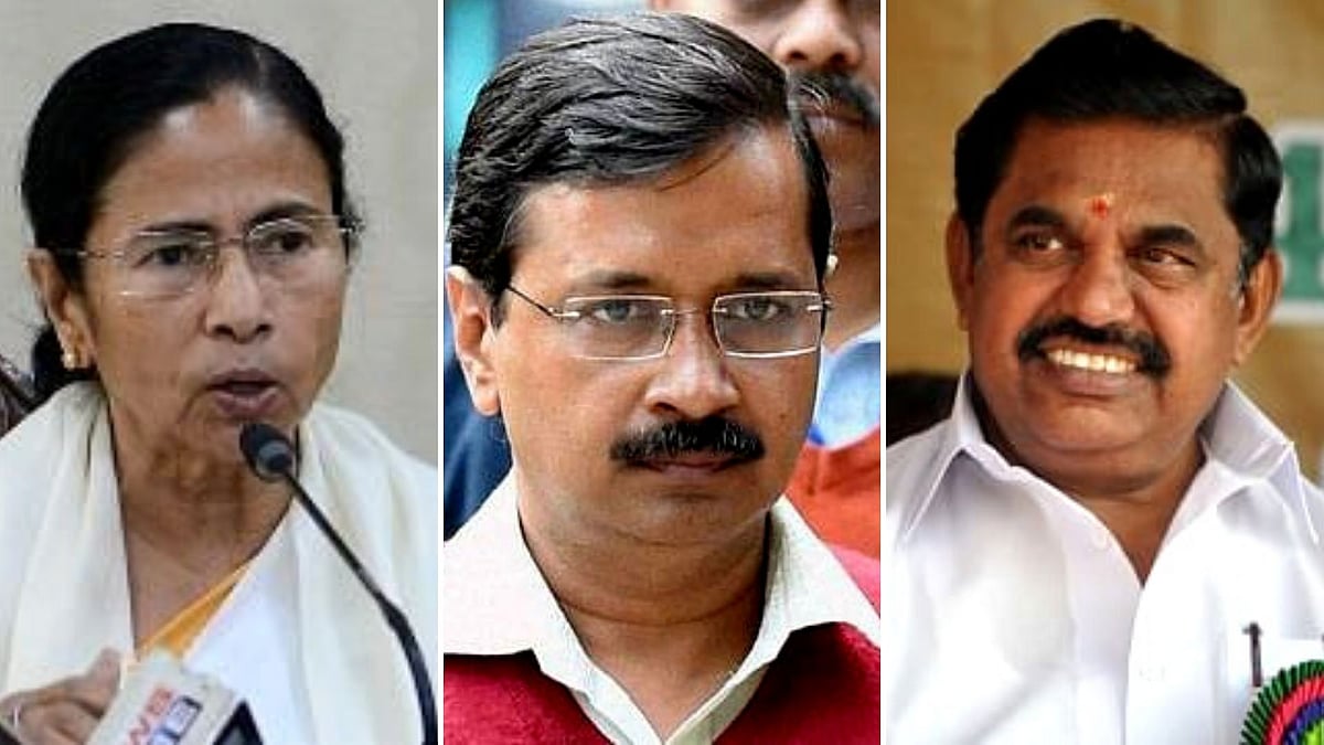 Mamata Banerjee (L), Arvind Kejriwal (C) and K Palaniswami (R).