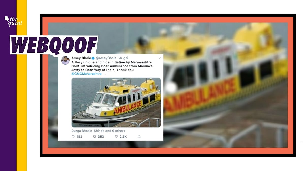 An old and unrelated image of a marine ambulance is being associated with Maharashtra government introducing water ambulance from Mandwa to Gateway of India.