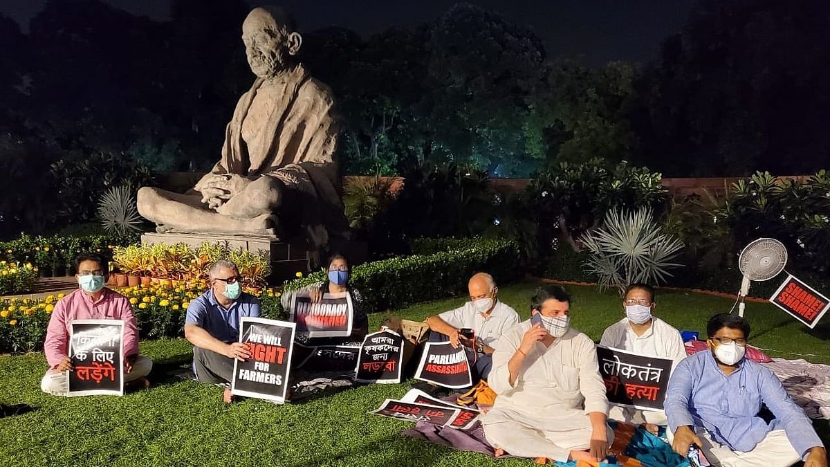 Eight suspended Rajya Sabha members.