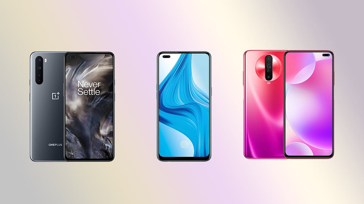 The OnePlus Nord (left), Oppo F17 Pro (center) and the Poco X2 (right). 
