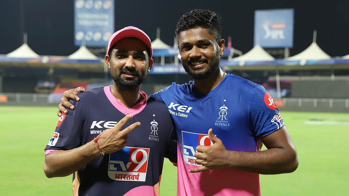 Rahul Tewatia and Sanju Samson of Rajasthan Royals during match 9 season 13 of the Dream 11 Indian Premier League (IPL) between Rajasthan Royals and Kings XI Punjab.