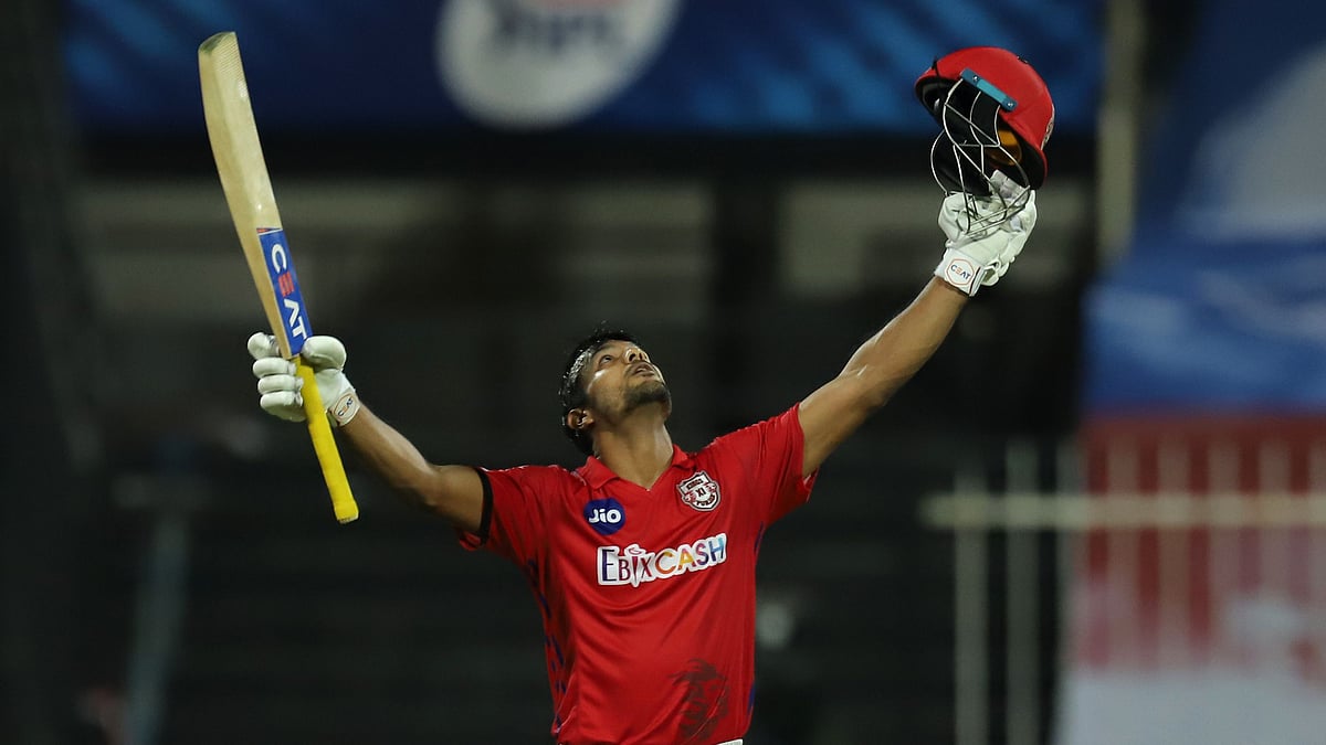 IPL 2020: Mayank Agarwal celebrates after scoring his maiden IPL century, vs Rajasthan Royals.