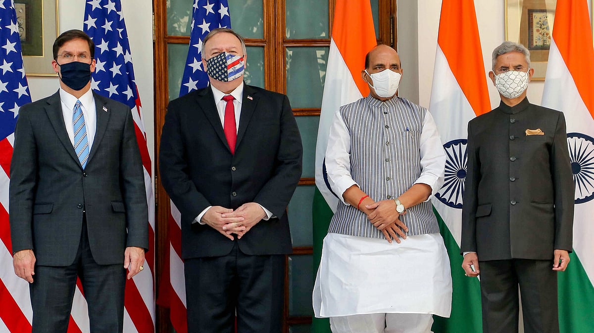 Defence Minister Rajnath Singh, External Affairs Minister S.Jaishankar along with US Secretary of State Mike Pompeo and US Secretary of Defence Mark Esper, ahead of India-USA 2+2 Dialogue in New Delhi.&nbsp;