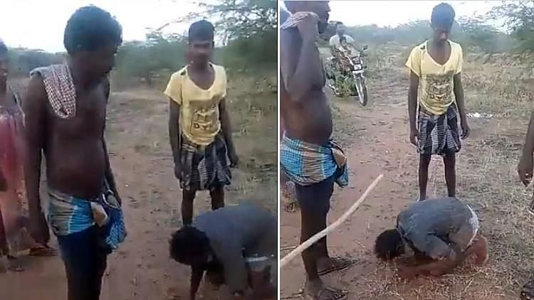 People from the Thevar community in Thoothukudi forcing a Dalit shepherd to fall at their feet. 