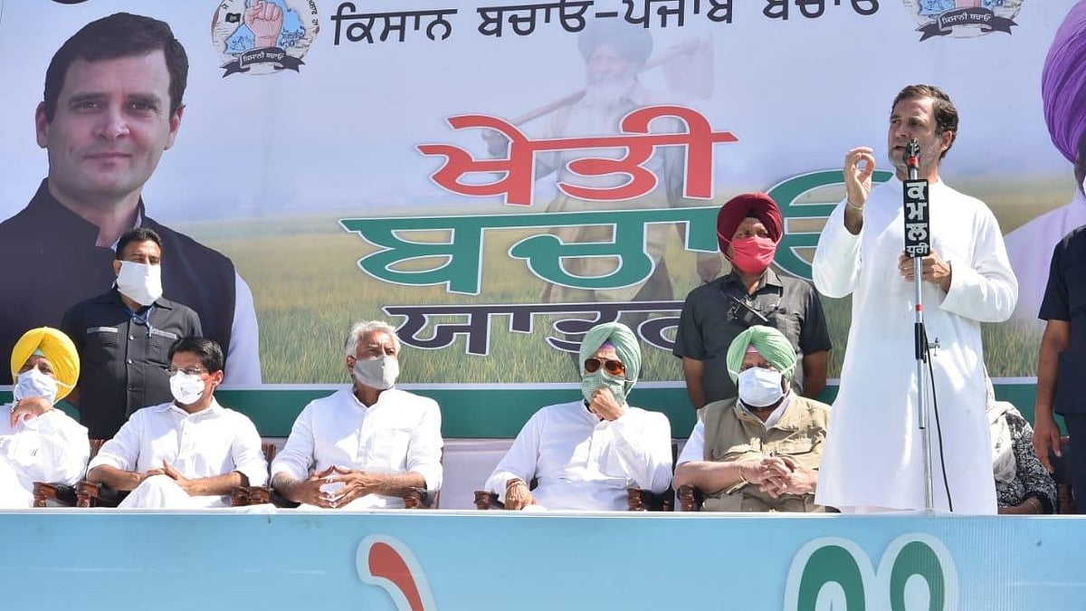Congress leader Rahul Gandhi participates in a tractor rally and addresses farmers for the second day of the three-day ‘Kheti Bachao Yatra’ in Punjab on Monday, along with other leaders, including Chief Minister Amarinder Singh.