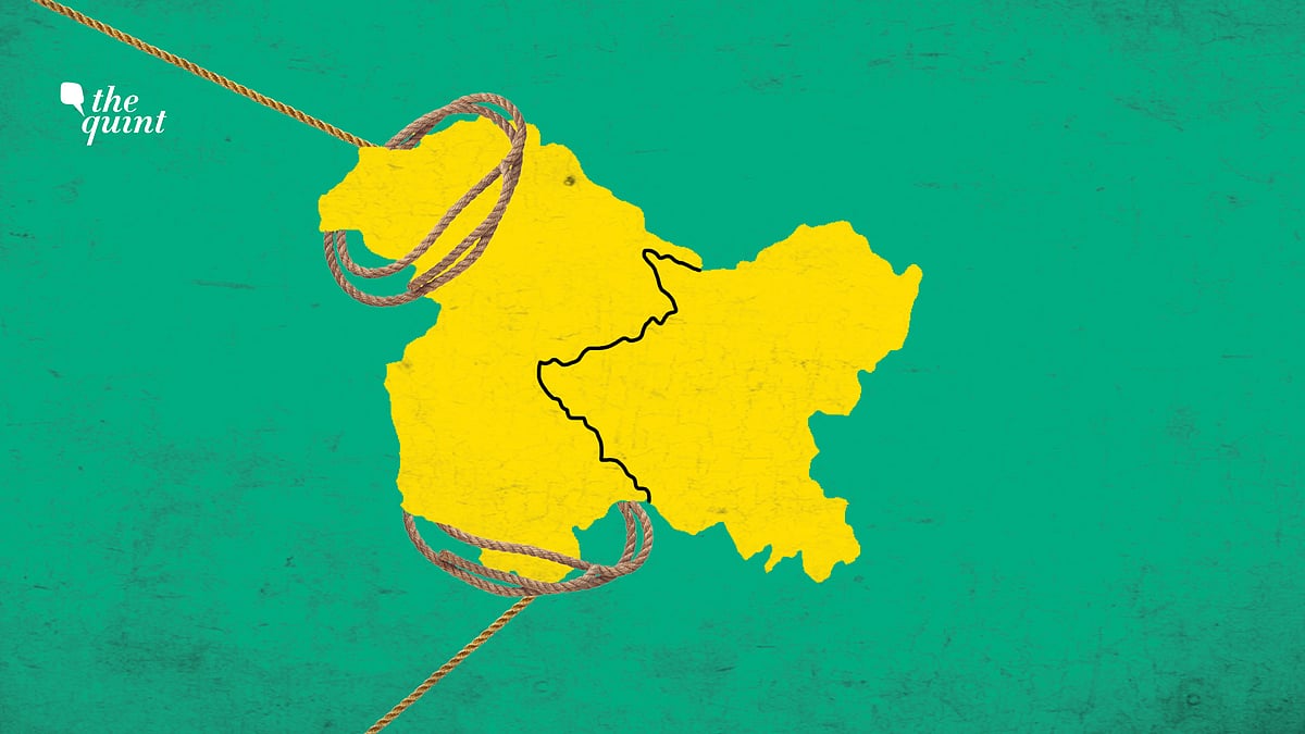 Image of J&K and Ladakh maps, with a rope ‘pulling’ at J&K – to depict, what the locals feel is ‘land-grabbing’. 