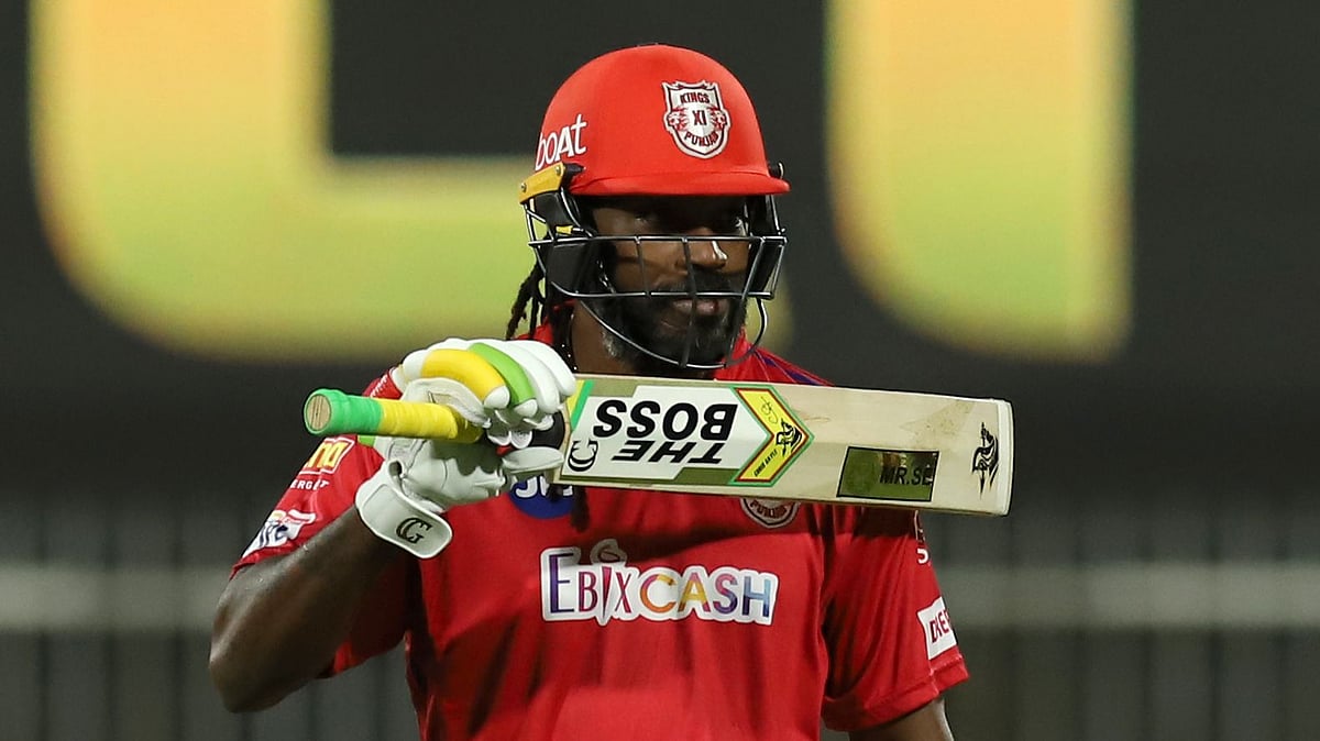 Chris Gayle celebrating a half century during IPL 2020.&nbsp;