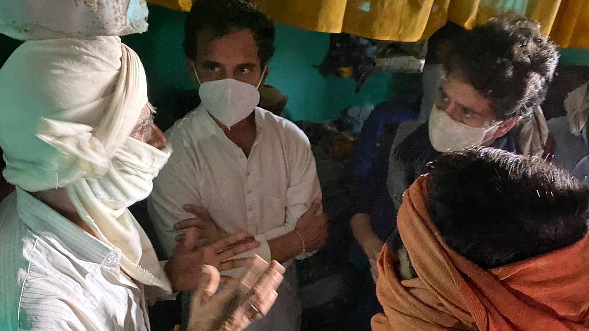 Congress leaders Rahul Gandhi and Priyanka Gandhi arrive at the residence of Hathras victim’s kin.