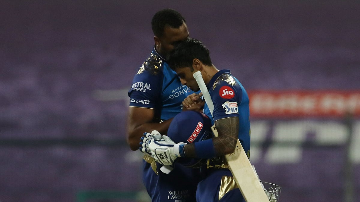 Surya Kumar Yadav of Mumbai Indians and Kieron Pollard captain of Mumbai Indians after winning the match 48 of season 13 of the Dream 11 Indian Premier League.