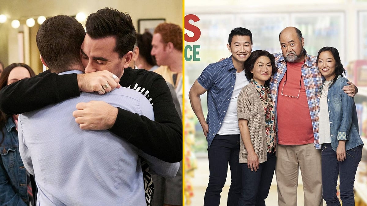 Stills from Schitt's Creek and Kim's Convenience.