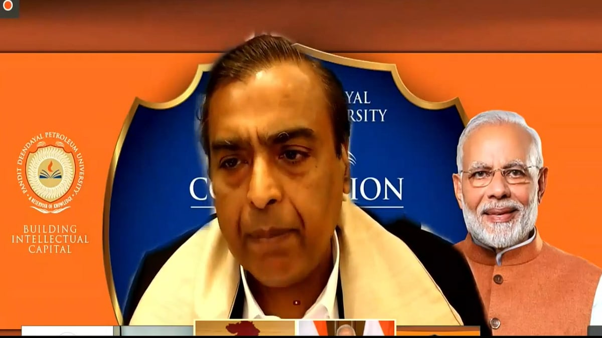Screengrab of RIL Chairman Mukesh Ambani’s virtual speech at PDPU’s convocation ceremony.