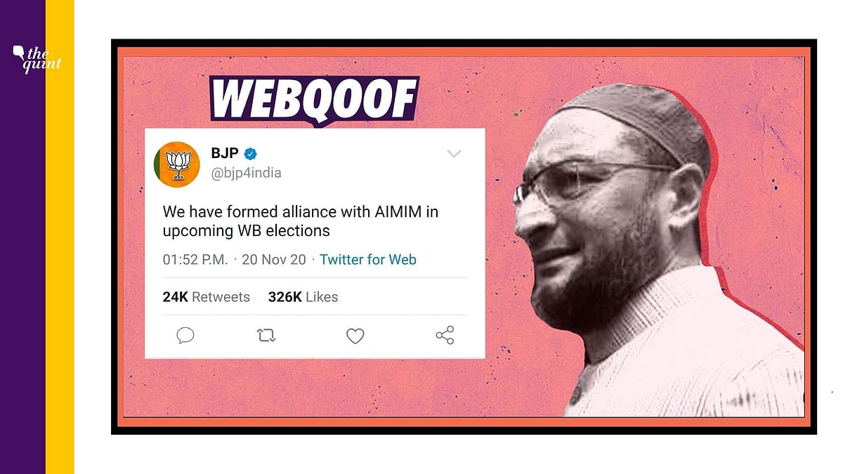 A screenshot of a fake tweet was circulated to falsely claim that BJP has formed alliance with AIMIM for the state elections in West Bengal.