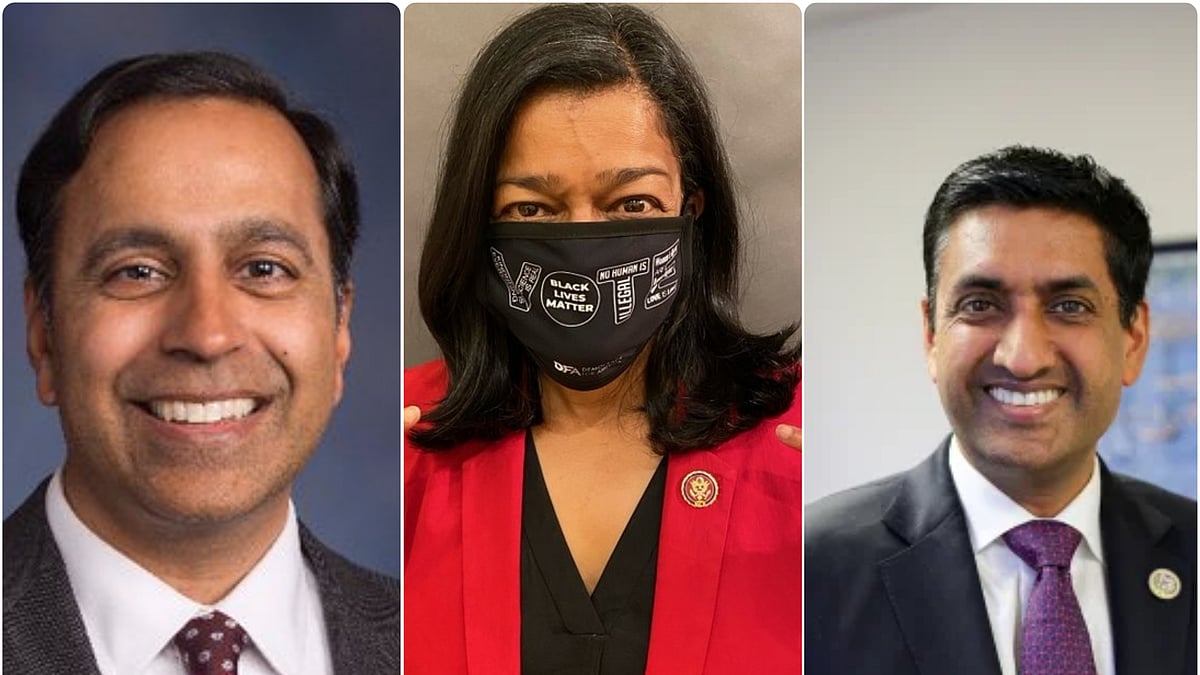 Indian-American politicians Raja Krishnamoorthy, Pramila Jayapal and Ro Khanna.