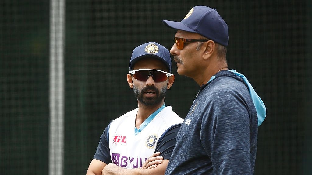 Ajinkya Rahane and Ravi Shastri in discussion during a training session. 