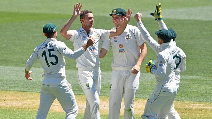 Australia celebrate an Indian wicket on Day 3 in Adelaide. 