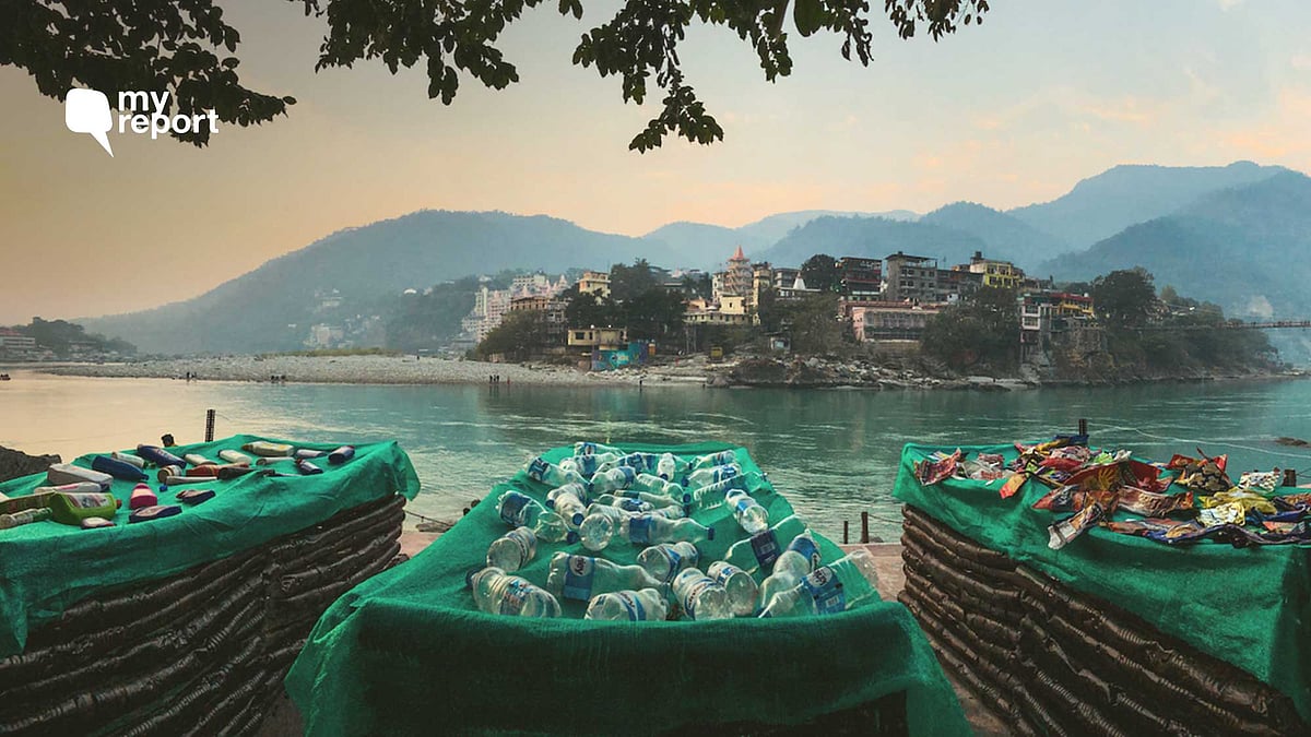 Three deathbeds are made up of over 3,000 single-use plastic items collected from around the Ganga.