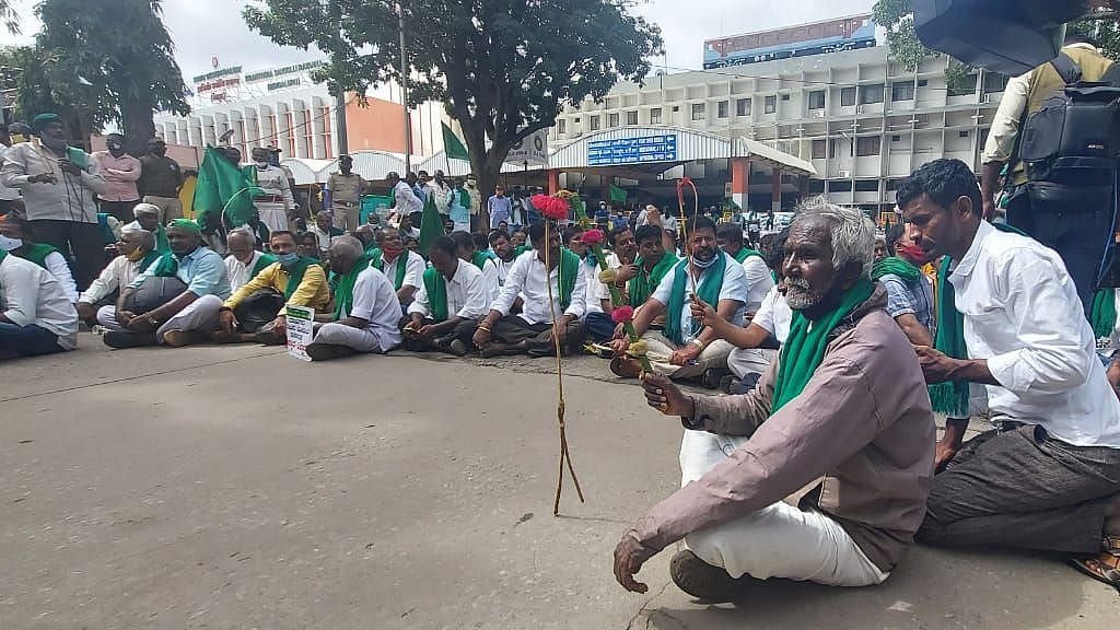 Farmers sitting outside Bengaluru central railway station. 