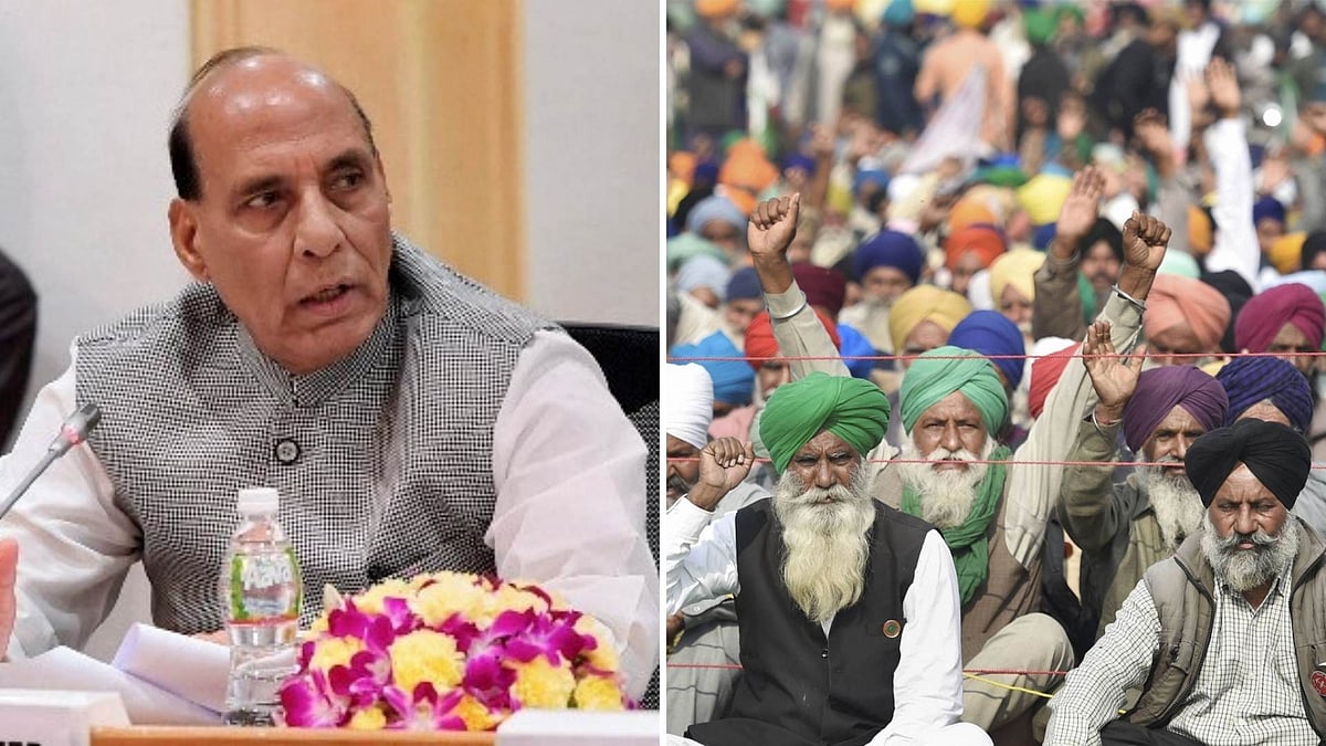 Defence Minister Rajnath Singh (left), Farmers stage a protest at Singhu border (Right) 