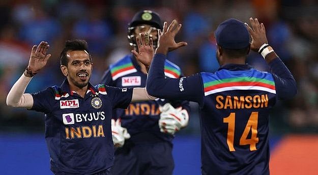 Yuzvendra Chahal celebrates a wicket against Australia. 