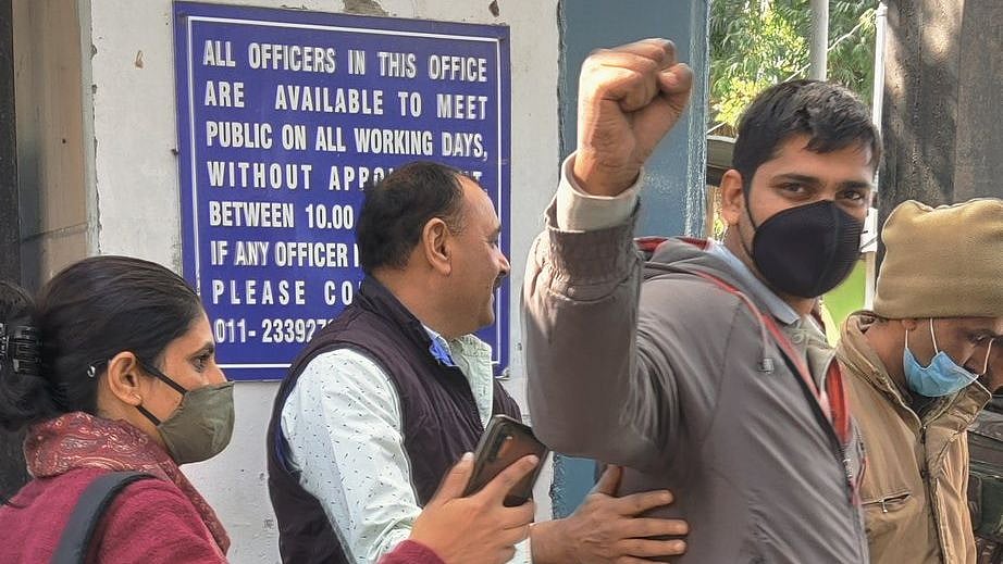 Mandeep Punia, before the court hearing on Sunday, 31 January, in New Delhi. 
