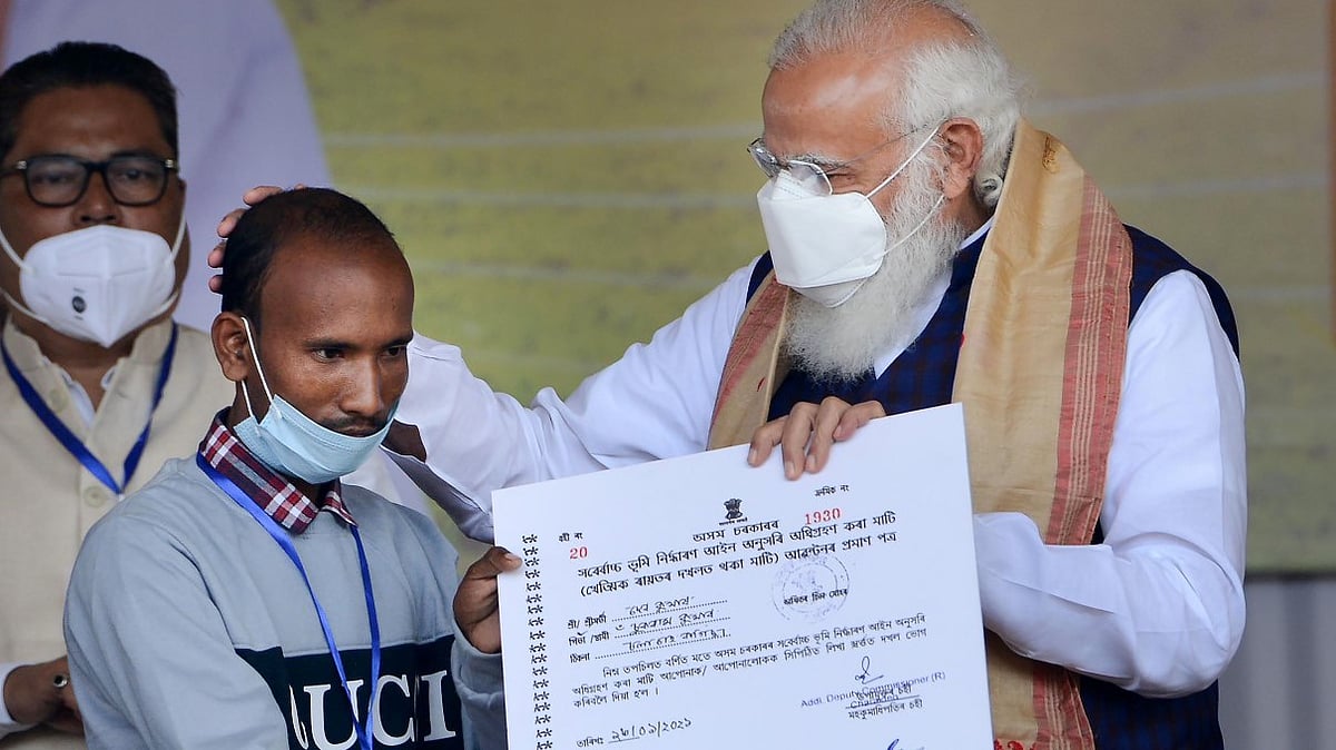 Prime Minister Narendra Modi during a public meeting at Jerenga Pathar in Sivasagar District of Assam.